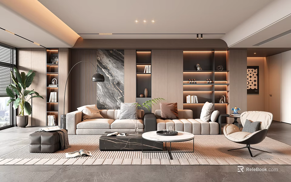 Modern Living Room Interior Design With Beige Sofa Marble Artwork And Wooden Shelves 3d model 