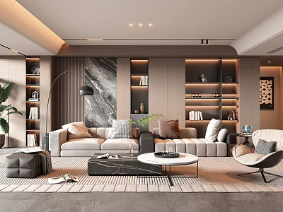Modern Living Room Interior Design With Beige Sofa Marble Artwork And Wooden Shelves 3d model