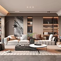 Modern Living Room Interior Design With Beige Sofa Marble Artwork And Wooden Shelves