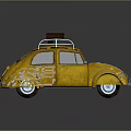 Yellow Vintage Volkswagen Beetle With Roof Rack And Brown Suitcase On Reflective Surface