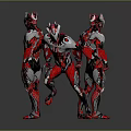 Three Red And Silver Armored Characters In Battle Stance With Grey Background