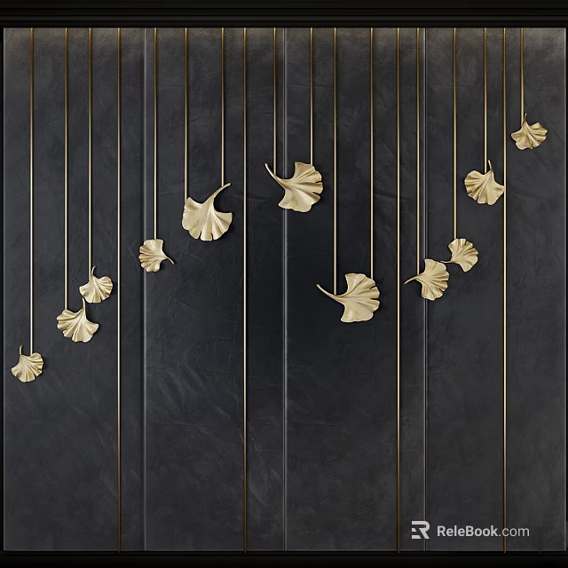 Modern Wall Art With Golden Ginkgo Leaf Decorations Hanging On Black Background 3d model 