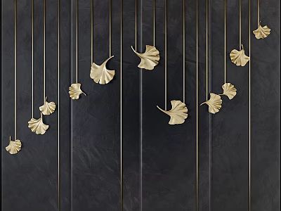 Modern Wall Art With Golden Ginkgo Leaf Decorations Hanging On Black Background 3d model