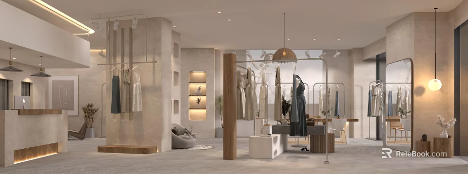 Modern Clothing Store Interior With Display Racks Clothes Sofa Warm Lighting And Decorative Elements 3d model 
