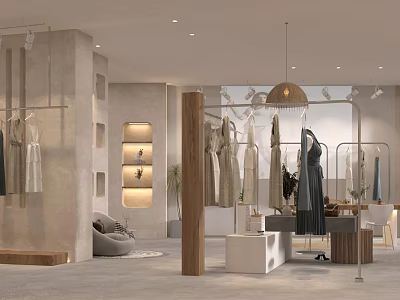 Modern Clothing Store Interior With Display Racks Clothes Sofa Warm Lighting And Decorative Elements 3d model