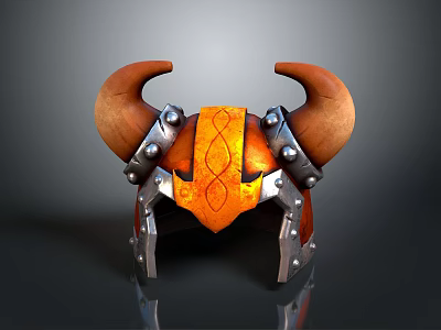 Medieval Weapon Helmet With Horns Orange Decorative Patterns And Metal Details 3d model