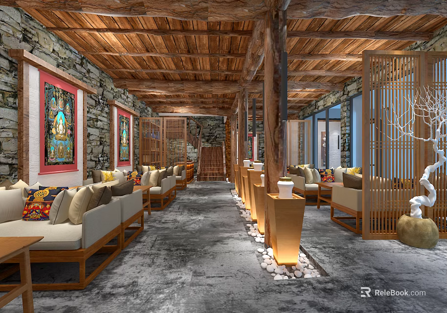 Hotel Public Lounge Area With Wooden Ceiling Stone Walls Decorative Paintings And Comfortable Sofas 3d model 