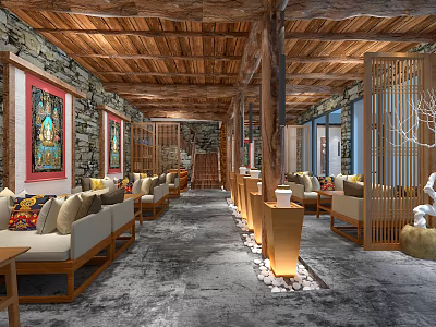 Hotel Public Lounge Area With Wooden Ceiling Stone Walls Decorative Paintings And Comfortable Sofas 3d model