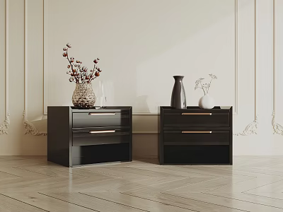 Modern Black Nightstands With Drawers And Vase In Elegant Bedroom Interior 3d model