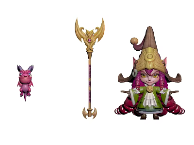 Green Red Robed Wizard Character With Purple Horned Creature And Golden Staff 3d model