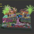 Waterfront Houses With Orange Roofs Palm Trees Wooden Bridge Dock Small Boat And Waves