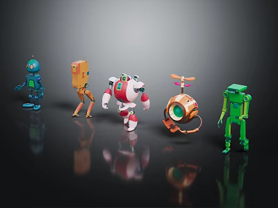 Collection of Colorful Robot Characters With Diverse Shapes And Designs 3d model