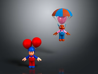 Toy Figures With Red Balloons And Blue Orange Parachute Pink Balloon 3d model