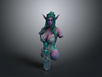 3D Female Bust Model With Green Hair Pointed Ears Purple Skin And Armor On Pedestal 3d model