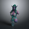 3D Female Bust Model With Green Hair Pointed Ears Purple Skin And Armor On Pedestal