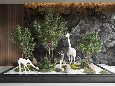 Garden Ornament Scene With Giraffe Deer Figurines Green Trees Moss Gravel And Stone Wall 3d model
