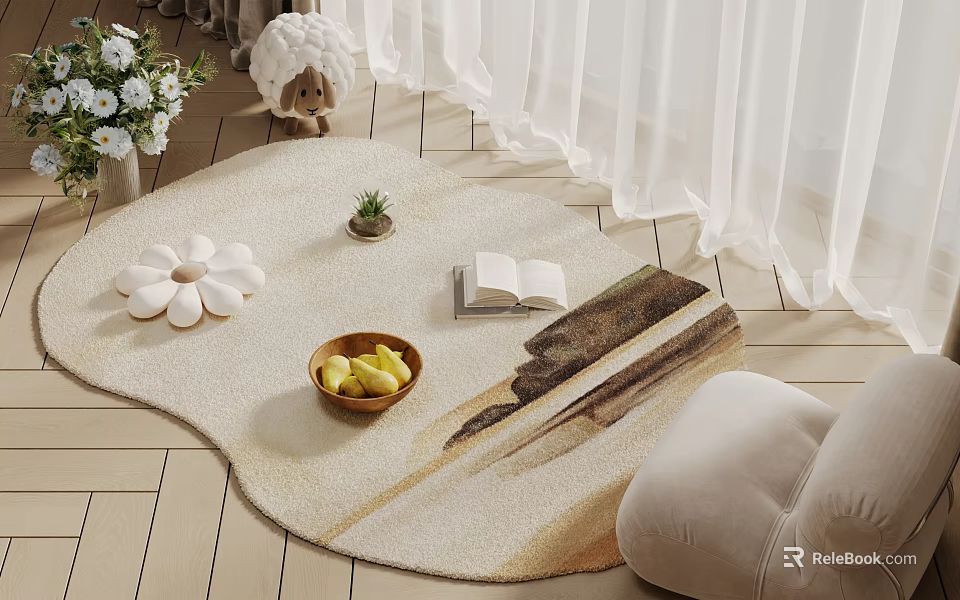 Cozy Living Area With Square Area Rug And Decor Elements 3d model