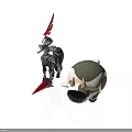 Red Feathered Armored Character And Egg Shaped Creature With Green Shell And Yellow Horns
