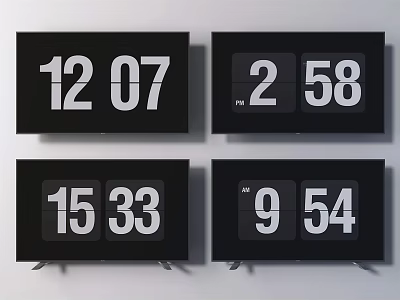 Black Televisions Showing Four Different Digital Time Displays On Screens 3d model
