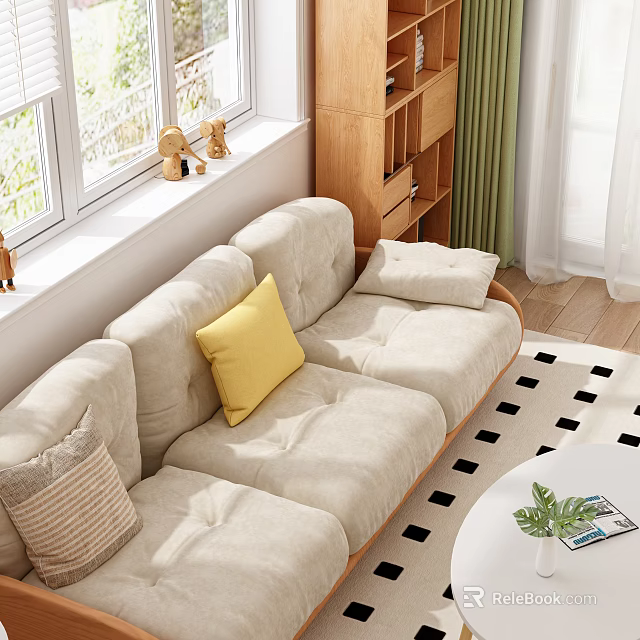 Light Beige Three-Seater Sofa With Comfy Pillows In Cozy Living Room 3d model 