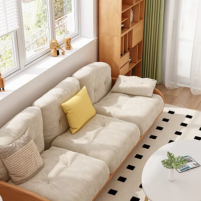 Light Beige Three-Seater Sofa With Comfy Pillows In Cozy Living Room 3d model