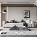 Modern Living Room Interior With Beige Sofa Coffee Table Light Gray Rug And Decorative Artwork