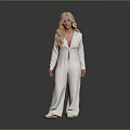 Blonde Woman In White Suit Set With Blazer And Wide Leg Pants On Gray Background