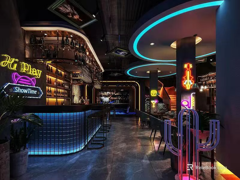 Modern Bar Interior With Neon Signs Bar Counter Wine Racks And Dark Decor 3d model 