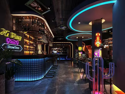 Modern Bar Interior With Neon Signs Bar Counter Wine Racks And Dark Decor 3d model
