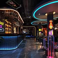 Modern Bar Interior With Neon Signs Bar Counter Wine Racks And Dark Decor