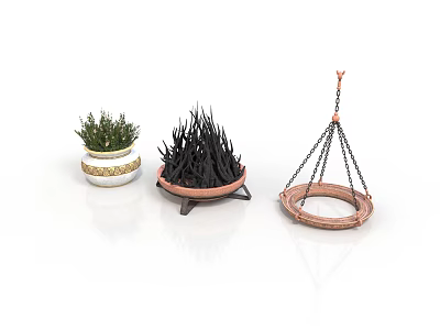 Decorative Indoor Plant Containers With White Gold Rim Pot Brown Tray And Hanging Planter 3d model