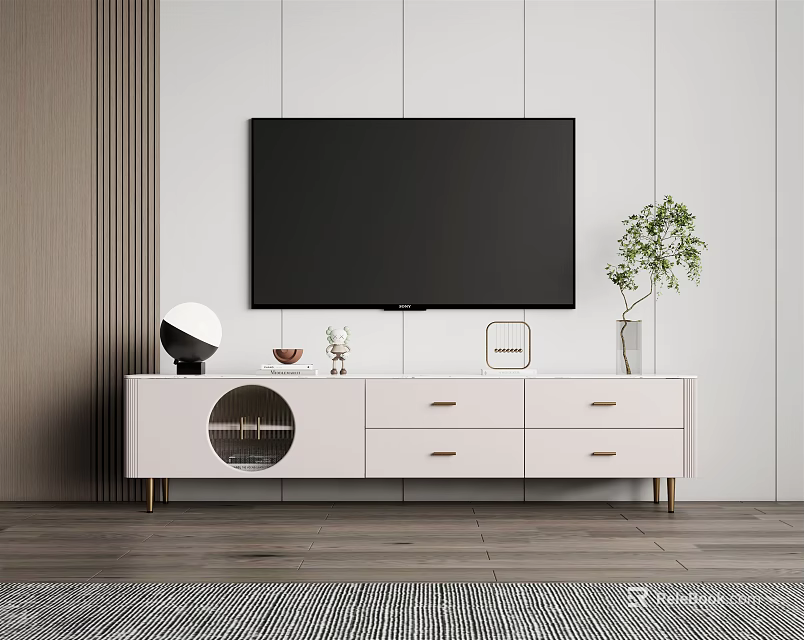 Modern White TV Stand With Drawers Circular Panel And Potted Plant Decor 3d model 