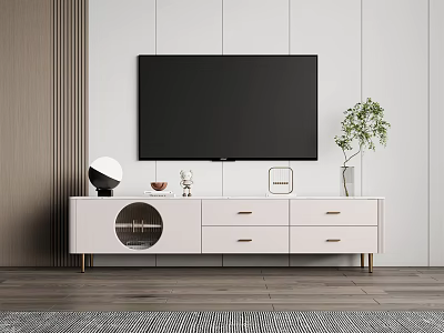 Modern White TV Stand With Drawers Circular Panel And Potted Plant Decor 3d model