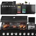 Modern Kitchen Interior With Grill Refrigerator Cabinets Spice Bottles And Potted Plant