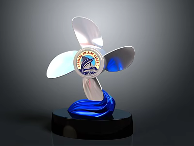 Artistic Propeller Shaped Sculpture With Three Blades Central Emblem Blue Wave Base And Black Pedestal 3d model