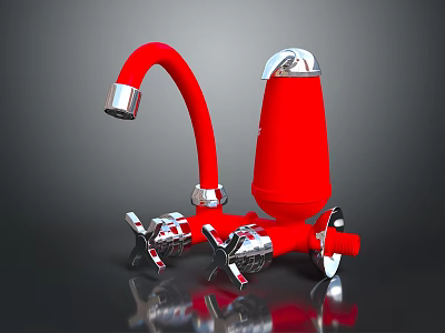 Red Faucet with Silver Handles and Spout Modern Design Reflective Surface 3d model