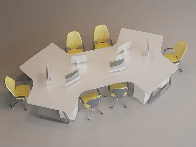 Modern White Polygonal Office Desk With Yellow Chairs And Computer Monitors 3d model