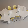 Modern White Polygonal Office Desk With Yellow Chairs And Computer Monitors