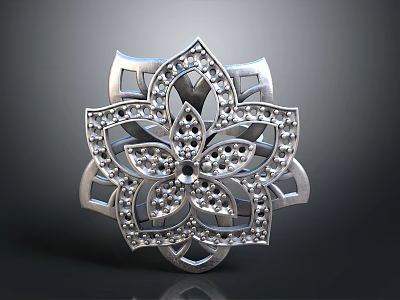 Elegant Floral Decorative Brooch With Silver Metal Intricate Pattern And Rhinestone Inlays 3d model