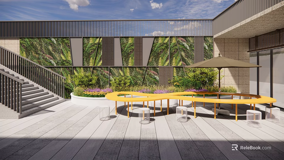 Modern Garden Landscape With Glass Facade Green Plants And Yellow Outdoor Table 3d model 