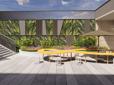 Modern Garden Landscape With Glass Facade Green Plants And Yellow Outdoor Table 3d model
