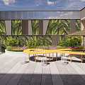 Modern Garden Landscape With Glass Facade Green Plants And Yellow Outdoor Table