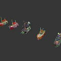 Assorted Colored Model Boats Arranged In Row On Dark Gray Surface