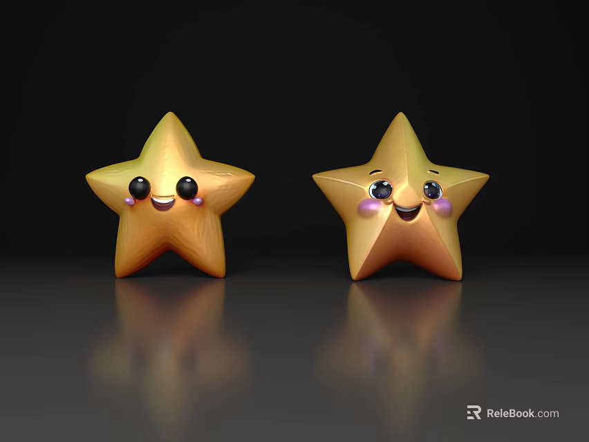 Cute Golden Star Decorative Ornament Set With Smiling Faces And Blush Details 3d model 
