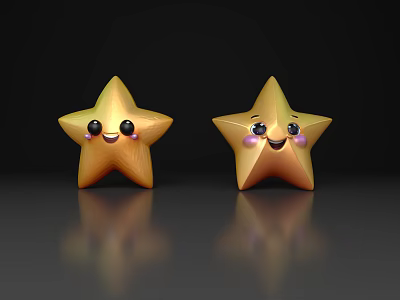 Cute Golden Star Decorative Ornament Set With Smiling Faces And Blush Details 3d model