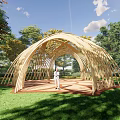 Curved Wooden Pergola Design In Green Grassland With Trees And Natural Landscape