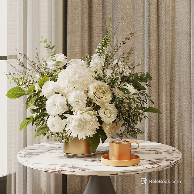 Fresh White Flowers In Golden Vase On Marble Table With Green Foliage And Curtain Background 3d model 