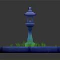 Blue Stone Lantern With Circular Stone Base And Green Grass Spiral Pattern Illuminating Blue Light