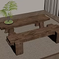 Rustic Wooden Table And Bench Setup With Green Plant On Rug Near Curtains And Window