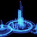 Futuristic Commercial Equipment 3D Model With Blue Line Tower Structures And Circular Bases